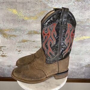 Old West Boots Boys Size 5 Multicolor Leather Western Square Toe Flame BSY1868